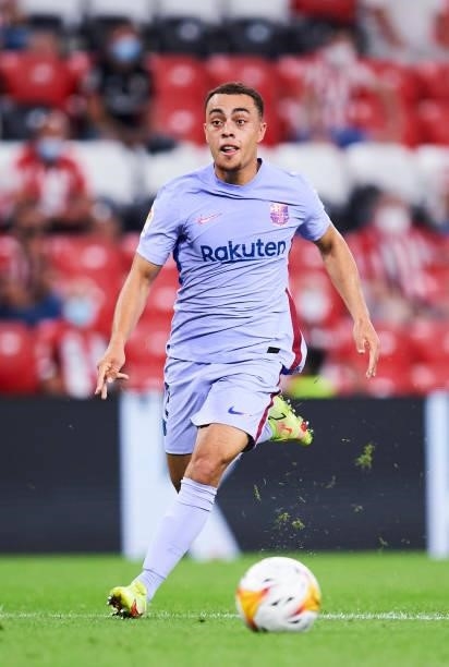 Sergino Dest of FC Barcelona in action during the LaLiga Santander match between Athletic Club and FC Barcelona at San Mames Stadium on August 21,...
