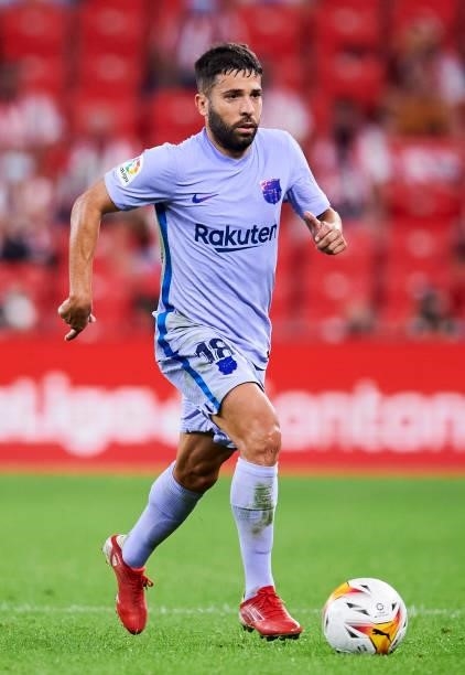 Jordi Alba of FC Barcelona in action during the LaLiga Santander match between Athletic Club and FC Barcelona at San Mames Stadium on August 21, 2021...