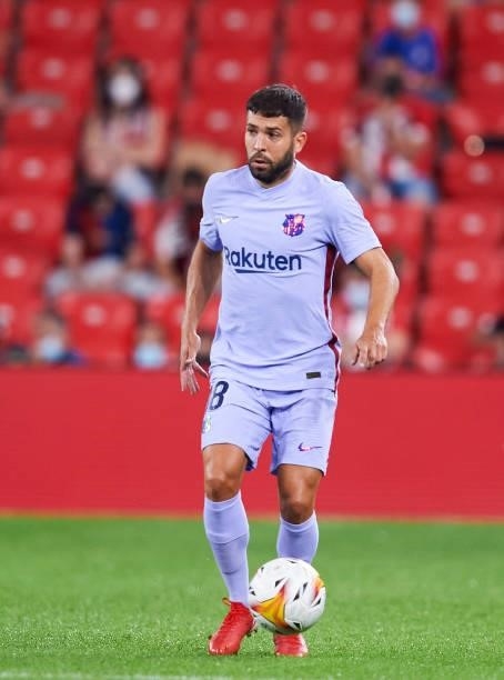 Jordi Alba of FC Barcelona in action during the LaLiga Santander match between Athletic Club and FC Barcelona at San Mames Stadium on August 21, 2021...