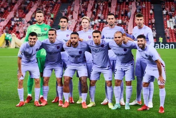 Barcelona line up for a team photo prior to the LaLiga Santander match between Athletic Club and FC Barcelona at San Mames Stadium on August 21, 2021...