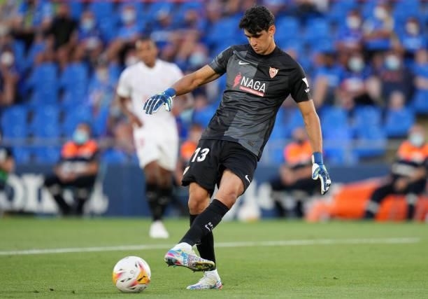 Yassine Bounou of Sevilla FC in action during the La Liga Santander match between Getafe CF and Sevilla FC at Coliseum Alfonso Perez on August 23,...