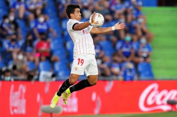 Marcos Acuña of Sevilla FC in action during the La Liga Santander match between Getafe CF and Sevilla FC at Coliseum Alfonso Perez on August 23, 2021...
