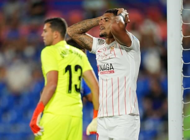 Diego Carlos Santos of Sevilla FC reacts during the La Liga Santander match between Getafe CF and Sevilla FC at Coliseum Alfonso Perez on August 23,...