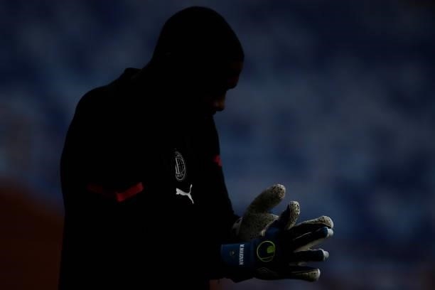 Mike Maignan of AC Milan during the warm up prior to the Serie A match between UC Sampdoria v AC Milan at Stadio Luigi Ferraris on August 23, 2021 in...