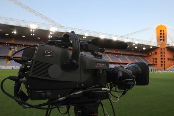 Television camera pictured pitchside prior to the Serie A match between UC Sampdoria v AC Milan at Stadio Luigi Ferraris on August 23, 2021 in Genoa,...