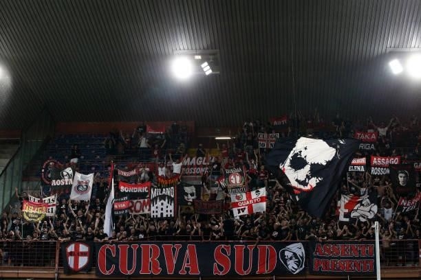 Travelling AC Milan fans pictured in the visitor section during the Serie A match between UC Sampdoria v AC Milan at Stadio Luigi Ferraris on August...