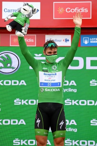 Fabio Jakobsen of Netherlands and Team Deceuninck - Quick-Step celebrates winning the Green Points Jersey on the podium ceremony after the 76th Tour...