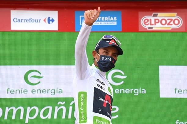 Egan Arley Bernal Gomez of Colombia and Team INEOS Grenadiers celebrates winning the White Best Young Rider Jersey on the podium ceremony after the...