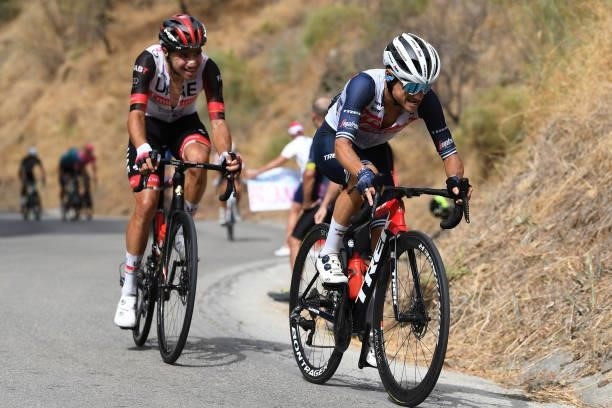 Rui Oliveira of Portugal and UAE Team Emirates and Kenny Elissonde of France and Team Trek - Segafredo attack in the Breakaway during the 76th Tour...