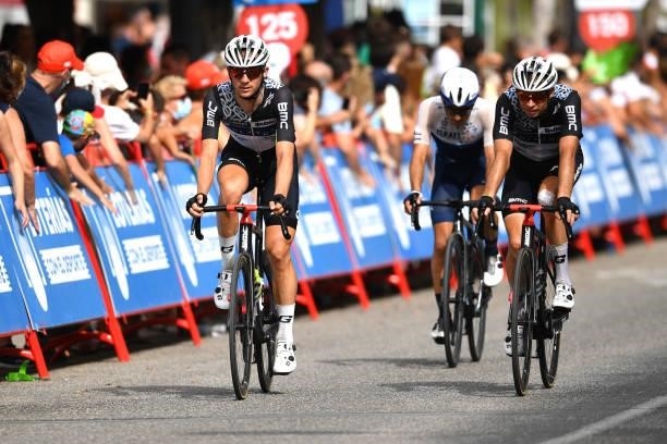 Dimitri Claeys of Belgium and Bertjan Lindeman of Netherlands and Team Qhubeka Nexthash cross the finishing line during the 76th Tour of Spain 2021,...