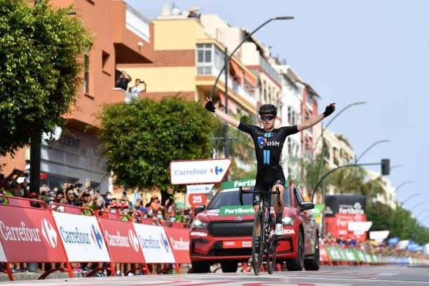 Michael Storer of Australia and Team DSM celebrates at finish line as stage winner during the 76th Tour of Spain 2021, Stage 10 a 189km stage from...
