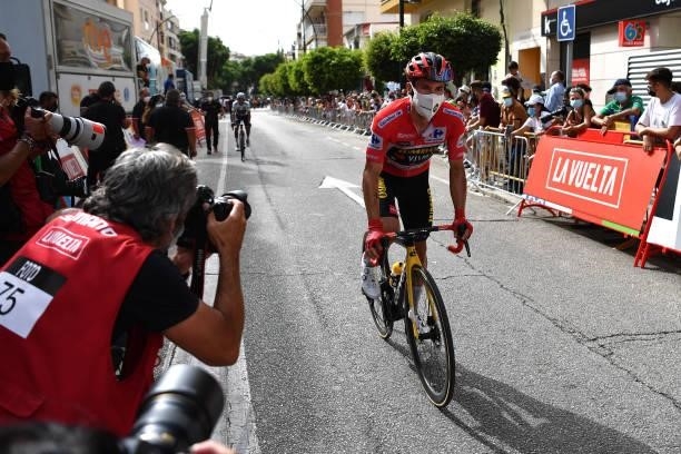 Primoz Roglic of Slovenia and Team Jumbo - Visma Red Leader Jersey crosses the finishing line during the 76th Tour of Spain 2021, Stage 10 a 189km...