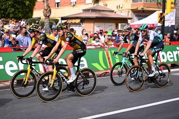 Nathan Van Hooydonck of Belgium and Lennard Hofstede of Netherlands and Team Jumbo - Visma cross the finishing line during the 76th Tour of Spain...