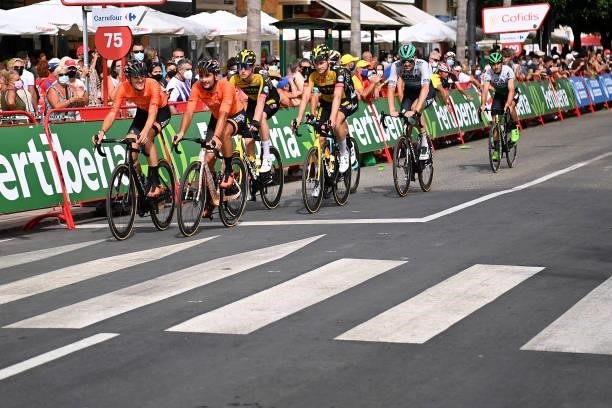 Jose Lobato Del Valle of Spain and Team Euskaltel - Euskadi and Teammates cross the finishing line during the 76th Tour of Spain 2021, Stage 10 a...
