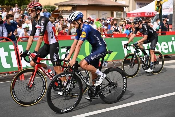 Maxim Van Gils of Belgium and Team Lotto Soudal and James Knox of United Kingdom and Team Deceuninck - Quick-Step cross the finishing line during the...