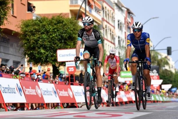 Damien Howson of Australia and Team BikeExchange and Andrea Bagioli of Italy and Team Deceuninck - Quick-Step cross the finishing line during the...
