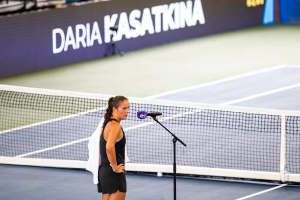 Daria Kasatkina of Russia is interviewed after beating Kaja Juvan of Slovenia in their match at Jacobs Pavilion on August 23, 2021 in CLEVELAND,...