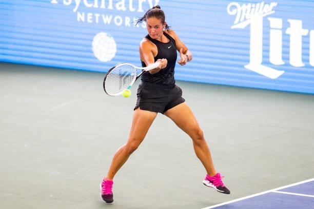 Daria Kasatkina of Russia returns the ball to Kaja Juvan of Slovenia during the second set of their match at Jacobs Pavilion on August 23, 2021 in...