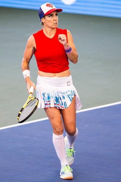 Bethanie Mattek-Sands of USA makes a fist in celebration during her match against Ena Shibahara of Japan at Jacobs Pavilion on August 23, 2021 in...