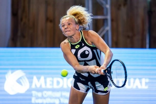 Katerina Siniakova of the Czech Republic returns a serve to Shelby Rogers of USA during the first set of their match at Jacobs Pavilion on August 23,...