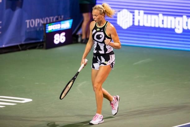 Katerina Siniakova of the Czech Republic celebrates during the second set of her match against Shelby Rogers of USA at Jacobs Pavilion on August 23,...