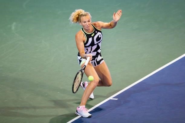 Katerina Siniakova of the Czech Republic returns the ball to Shelby Rogers of USA during the first set of their match at Jacobs Pavilion on August...