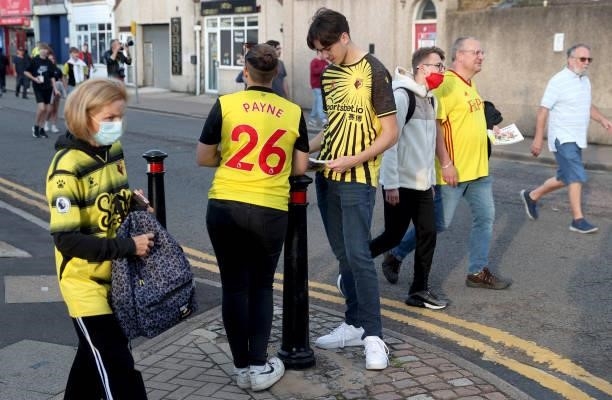 Watford fans arrivng before the Carabao Cup second round match between Watford and Crystal Palace at Vicarage Road Stadium on August 24, 2021 in...