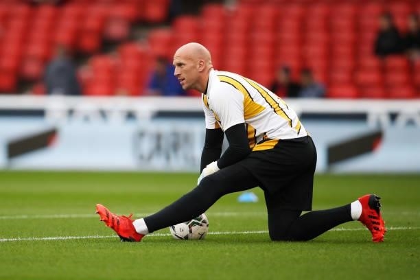 John Ruddy of Wolverhampton Wanderers warms up prior to the Carabao Cup Second Round match between Nottingham Forest and Wolverhampton Wanderers at...