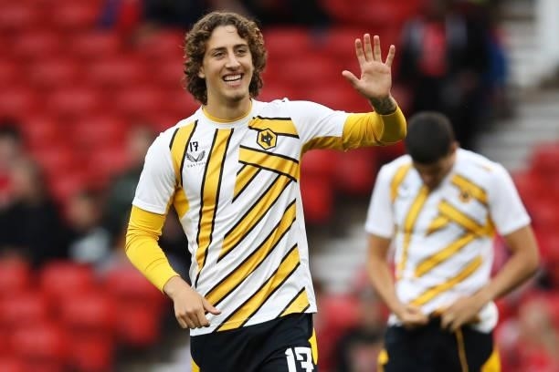 Fabio Silva of Wolverhampton Wanderers waves as he warms up prior to the Carabao Cup Second Round match between Nottingham Forest and Wolverhampton...