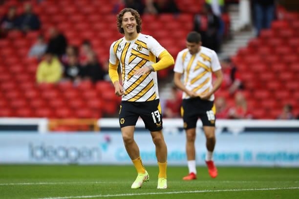 Fabio Silva of Wolverhampton Wanderers warms up prior to the Carabao Cup Second Round match between Nottingham Forest and Wolverhampton Wanderers at...