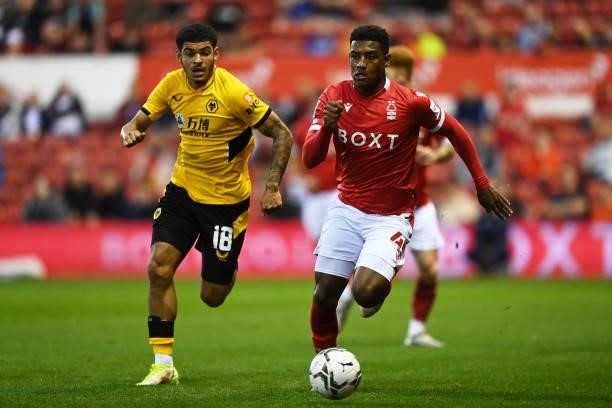 Morgan Gibbs-White of Wolverhampton Wanderer and Jayden Richardson of Nottingham Forest chase the ball during the Carabao Cup Second Round match...