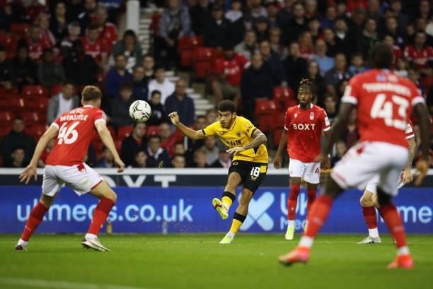Morgan Gibbs-White of Wolverhampton Wanderers crosses the ball during the Carabao Cup Second Round match between Nottingham Forest and Wolverhampton...