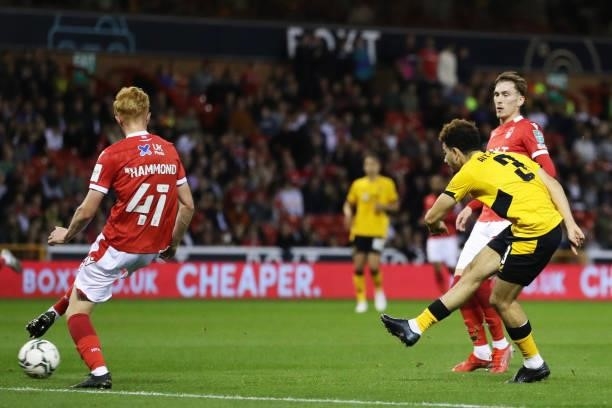 Rayan Ait-Nouri of Wolverhampton Wanderers shoots during the Carabao Cup Second Round match between Nottingham Forest and Wolverhampton Wanderers at...