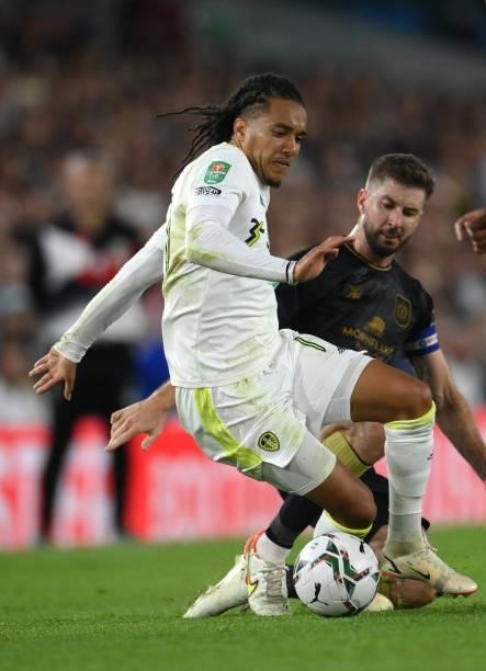 Leeds player Helder Costa is fouled by Crewe captain Luke Murphy during the Carabao Cup Second Round match between Leeds United and Crewe Alexandra...