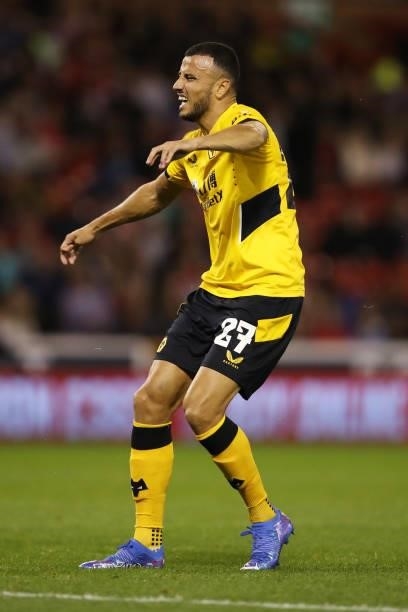 Romain Saiss of Wolverhampton Wanderers reacts during the Carabao Cup Second Round match between Nottingham Forest and Wolverhampton Wanderers at...