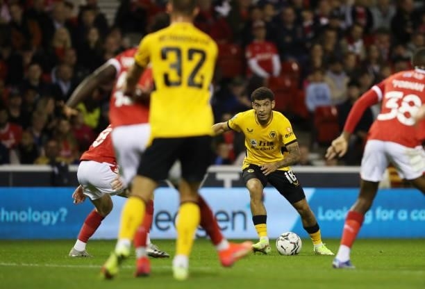 Morgan Gibbs-White of Wolverhampton Wanderers runs with the ball during the Carabao Cup Second Round match between Nottingham Forest and...