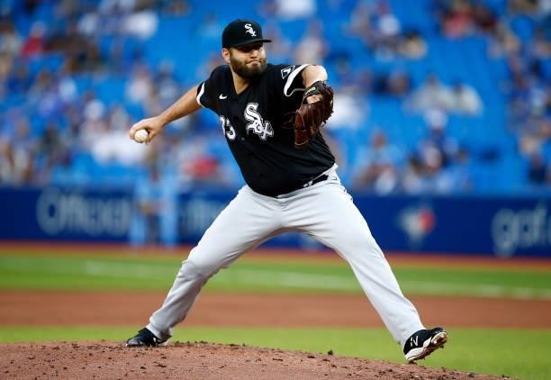 Lance Lynn of the Chicago White Sox delivers a pitch in the first inning during a MLB game against the Toronto Blue Jays at Rogers Centre on August...