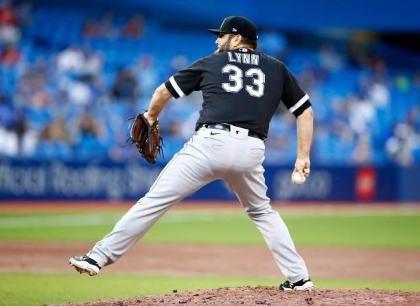 Lance Lynn of the Chicago White Sox delivers a pitch in the second inning during a MLB game against the Toronto Blue Jays at Rogers Centre on August...