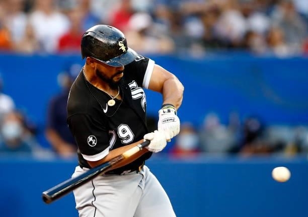 Jose Abreu of the Chicago White Sox bats during a MLB game against the Toronto Blue Jays at Rogers Centre on August 23, 2021 in Toronto, Ontario,...