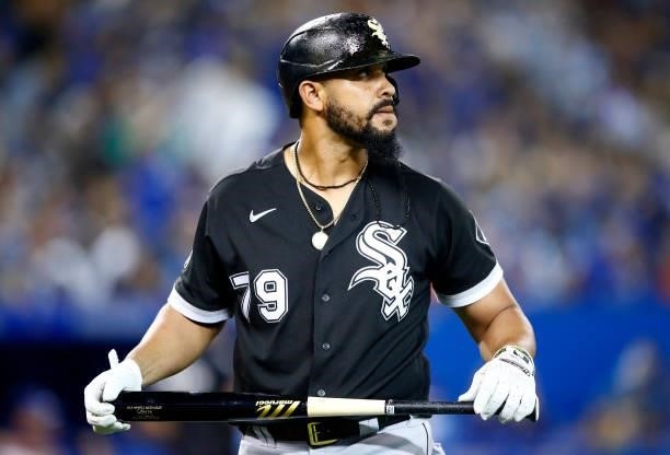 Jose Abreu of the Chicago White Sox reacts after striking out during a MLB game against the Toronto Blue Jays at Rogers Centre on August 23, 2021 in...