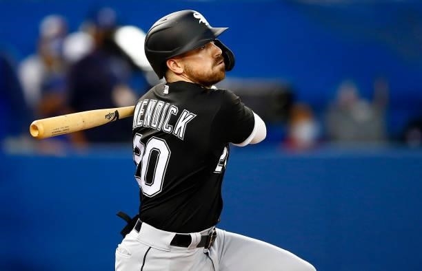 Danny Mendick of the Chicago White Sox bats during a MLB game against the Toronto Blue Jays at Rogers Centre on August 23, 2021 in Toronto, Ontario,...