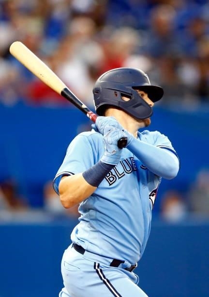 Reece McGuire of the Toronto Blue Jays bats during a MLB game against the Chicago White Sox at Rogers Centre on August 23, 2021 in Toronto, Ontario,...