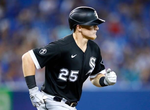 Andrew Vaughn of the Chicago White Sox runs to first base during a MLB game against the Toronto Blue Jays at Rogers Centre on August 23, 2021 in...