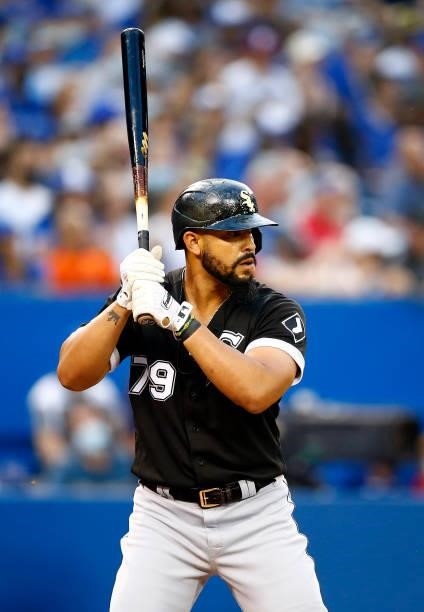 Jose Abreu of the Chicago White Sox bats during a MLB game against the Toronto Blue Jays at Rogers Centre on August 23, 2021 in Toronto, Ontario,...
