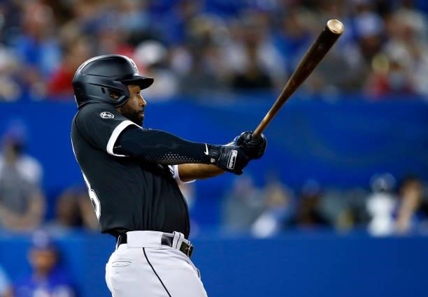 Brian Goodwin of the Chicago White Sox bats during a MLB game against the Toronto Blue Jays at Rogers Centre on August 23, 2021 in Toronto, Ontario,...