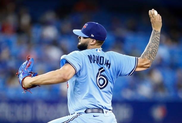 Alek Manoah of the Toronto Blue Jays delivers a pitch during a MLB game against the Chicago White Sox at Rogers Centre on August 23, 2021 in Toronto,...