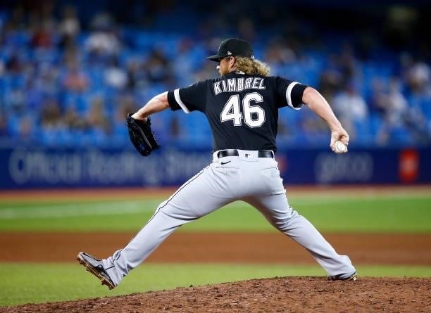 Craig Kimbrel of the Chicago White Sox delivers a pitch during a MLB game against the Toronto Blue Jays at Rogers Centre on August 23, 2021 in...