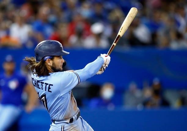 Bo Bichette of the Toronto Blue Jays bats during a MLB game against the Chicago White Sox at Rogers Centre on August 23, 2021 in Toronto, Ontario,...