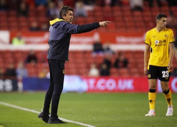 Bruno Lage, Manager of Wolverhampton Wanderers gives their team instructions during the Carabao Cup Second Round match between Nottingham Forest and...