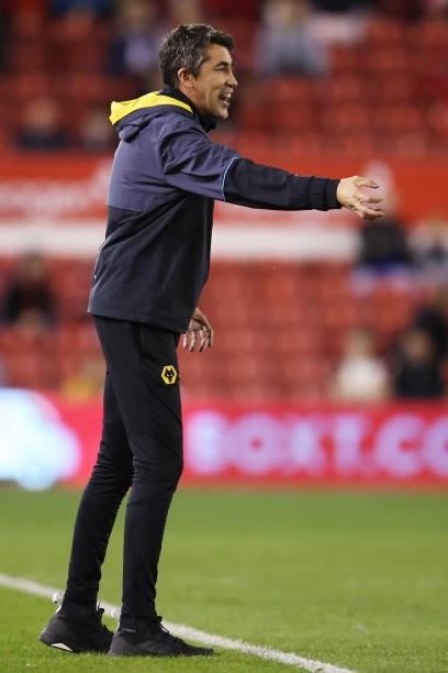 Bruno Lage, Manager of Wolverhampton Wanderers gives their team instructions during the Carabao Cup Second Round match between Nottingham Forest and...